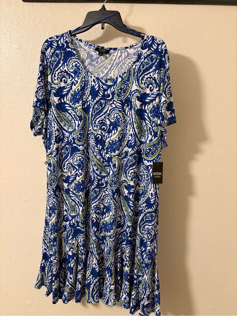 MSK Blue, White & Green Paisley Scoop Neck Dress with Ruffle Hem